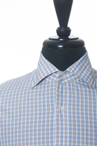 Isaia Blue and Brown Check Cotton Dress Shirt