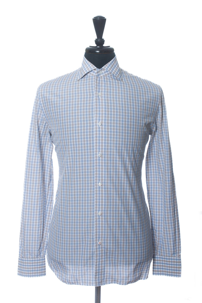 Isaia Blue and Brown Check Cotton Dress Shirt