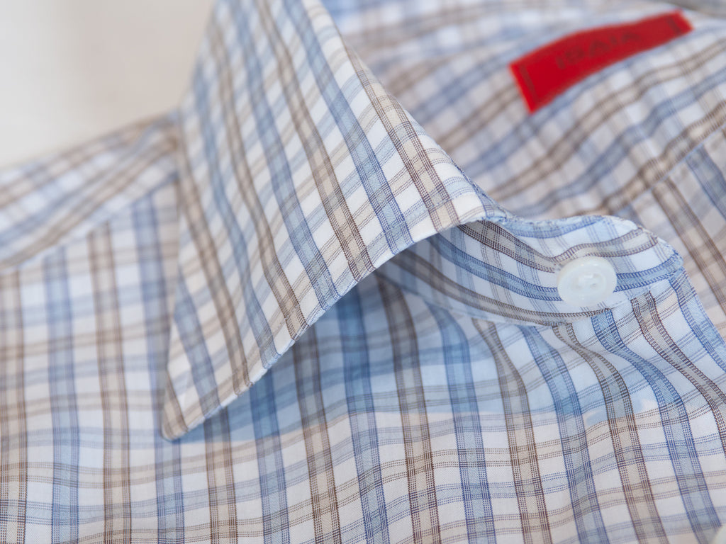 Isaia Blue and Brown Check Cotton Dress Shirt