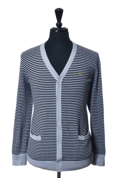 Fred Perry Navy on Grey Striped Cardigan Sweater