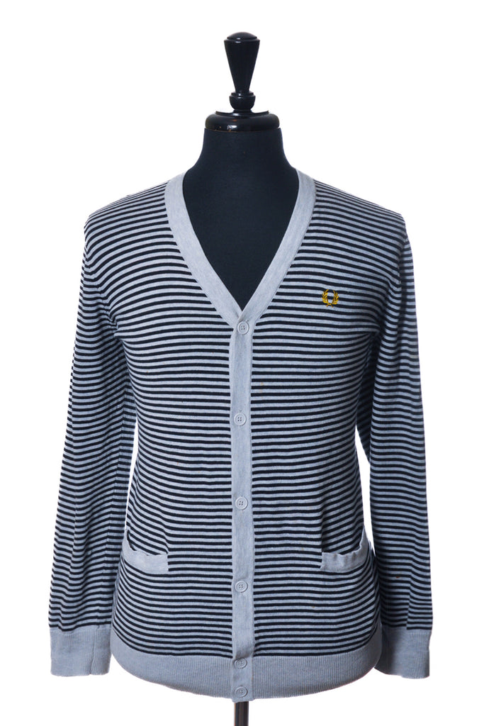 Fred Perry Navy on Grey Striped Cardigan Sweater
