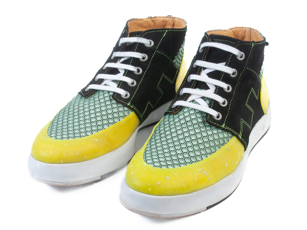 John Fluevog Yellow and Black High Top Sneakers
