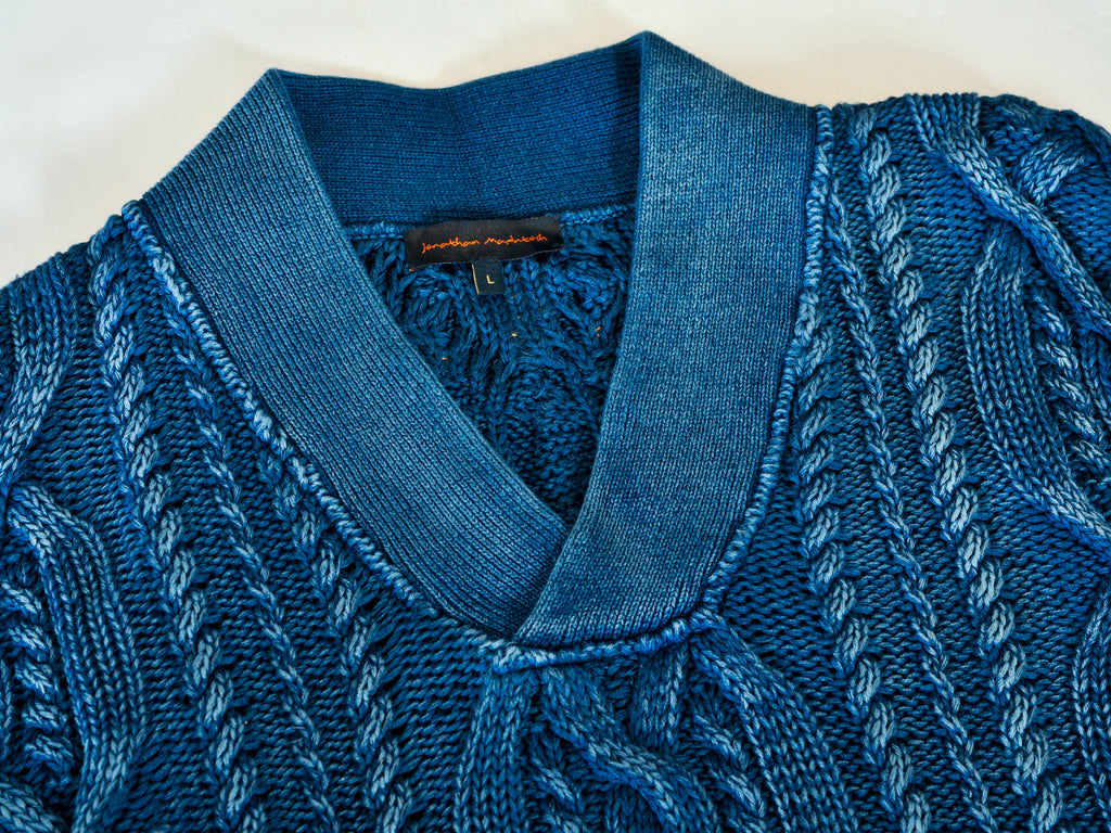 Jonathan MacIntosh Indigo Blue Garment Dyed Cable Knit Sweater