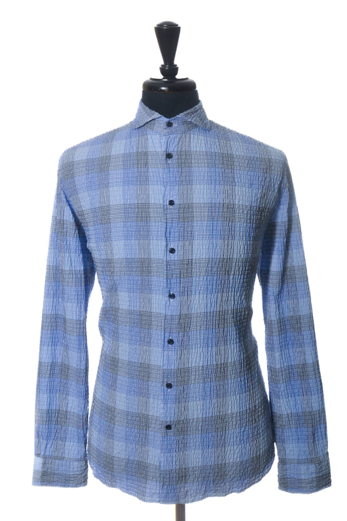 Emanuel Berg Blue Check Modern Fit Seersucker Shirt