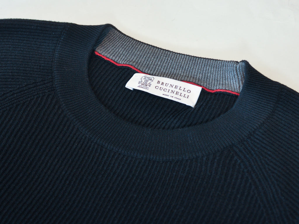 Brunello Cucinelli Black Ribbed Cotton Crew Neck Sweater