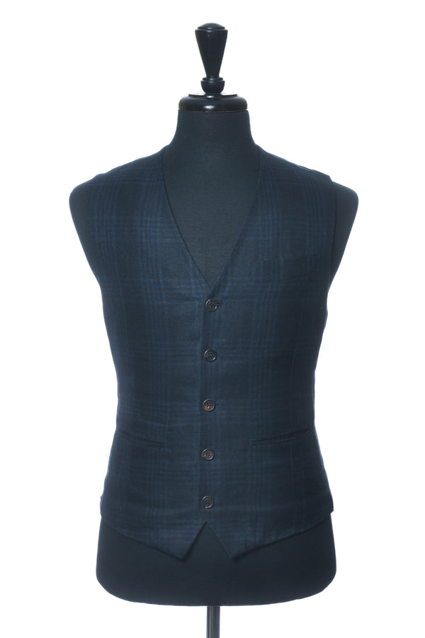 Brunello Cucinelli Navy Blue Check Silk Linen Vest