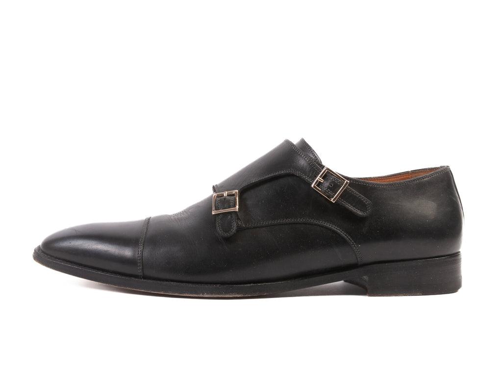 Santoni Black Double Monk Strap Cap Toe Shoes