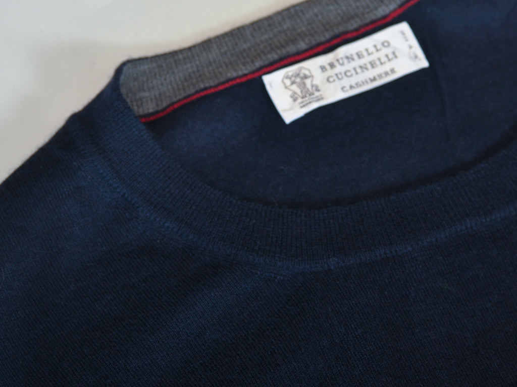 Brunello Cucinelli Navy Blue Wool Cashmere Crew Neck Sweater