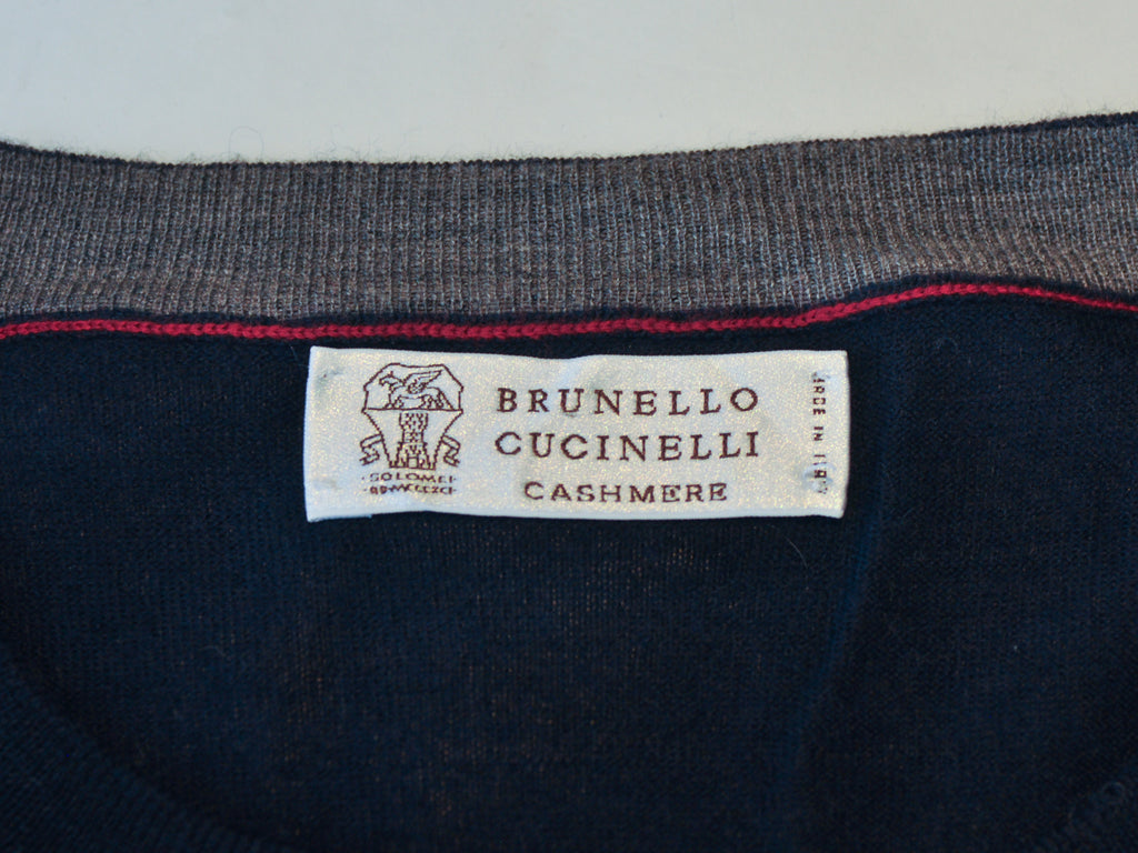 Brunello Cucinelli Navy Blue Wool Cashmere Crew Neck Sweater