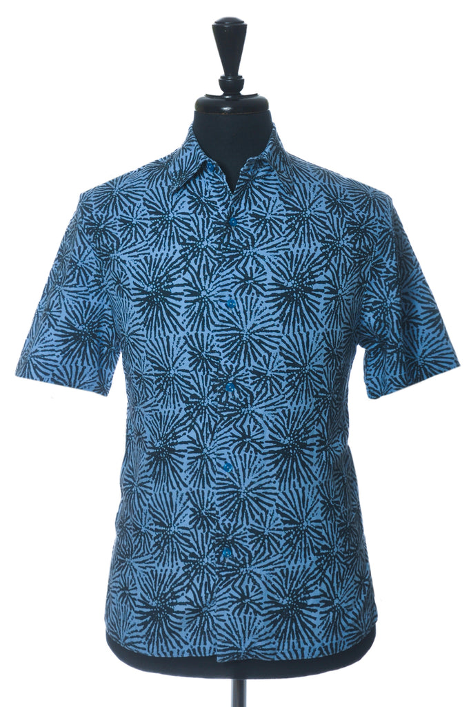 Sandro Blue Print Linen Blend Short Sleeve Shirt