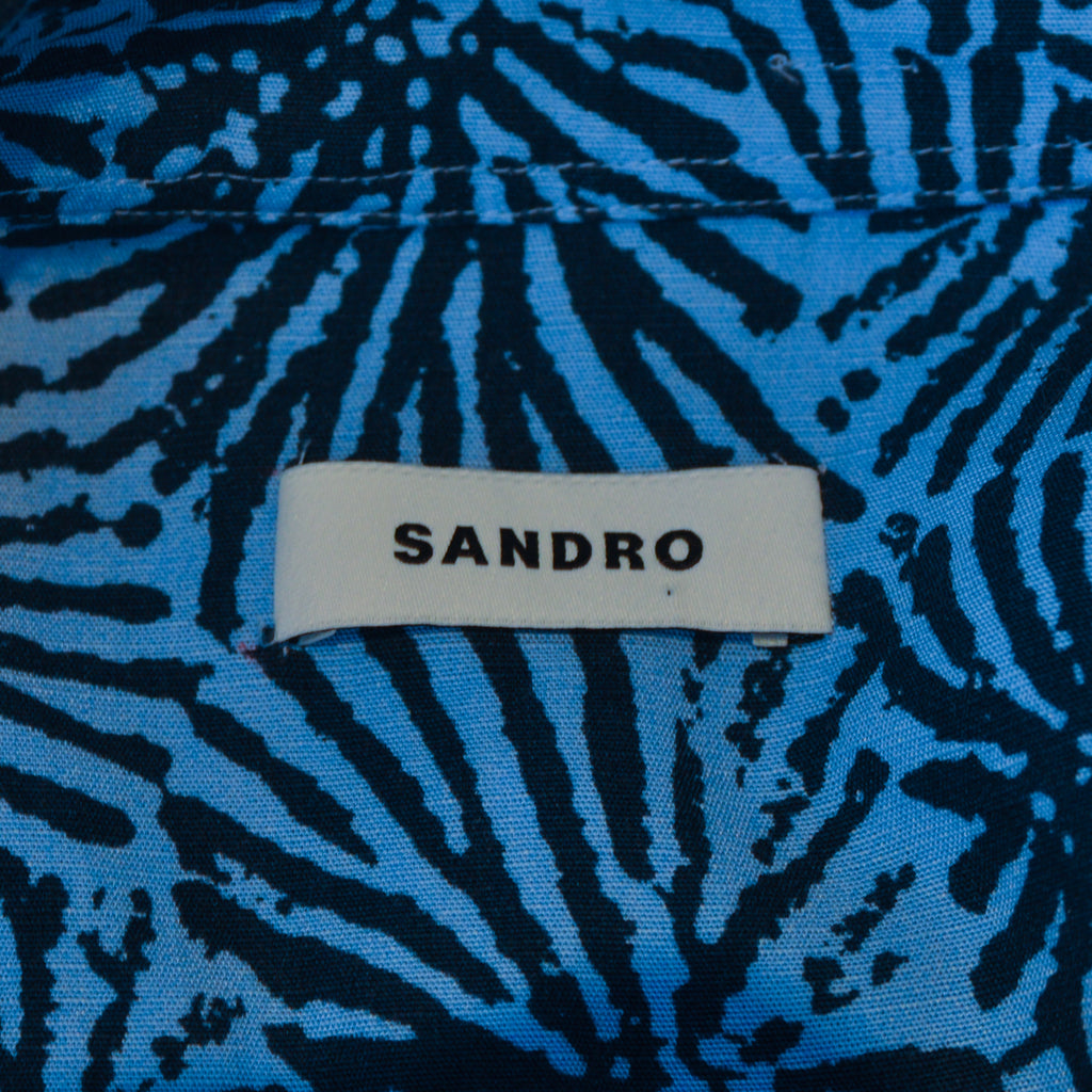 Sandro Blue Print Linen Blend Short Sleeve Shirt