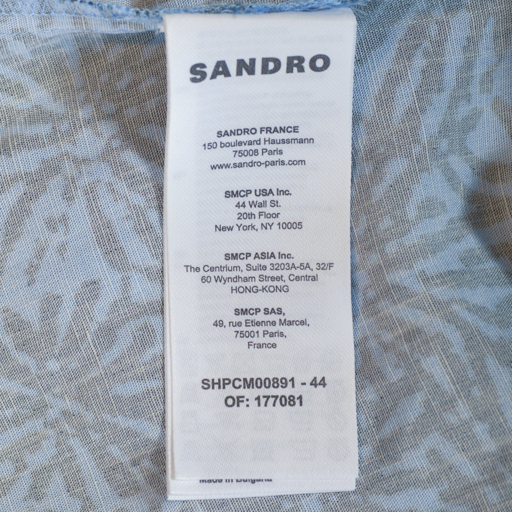Sandro Blue Print Linen Blend Short Sleeve Shirt