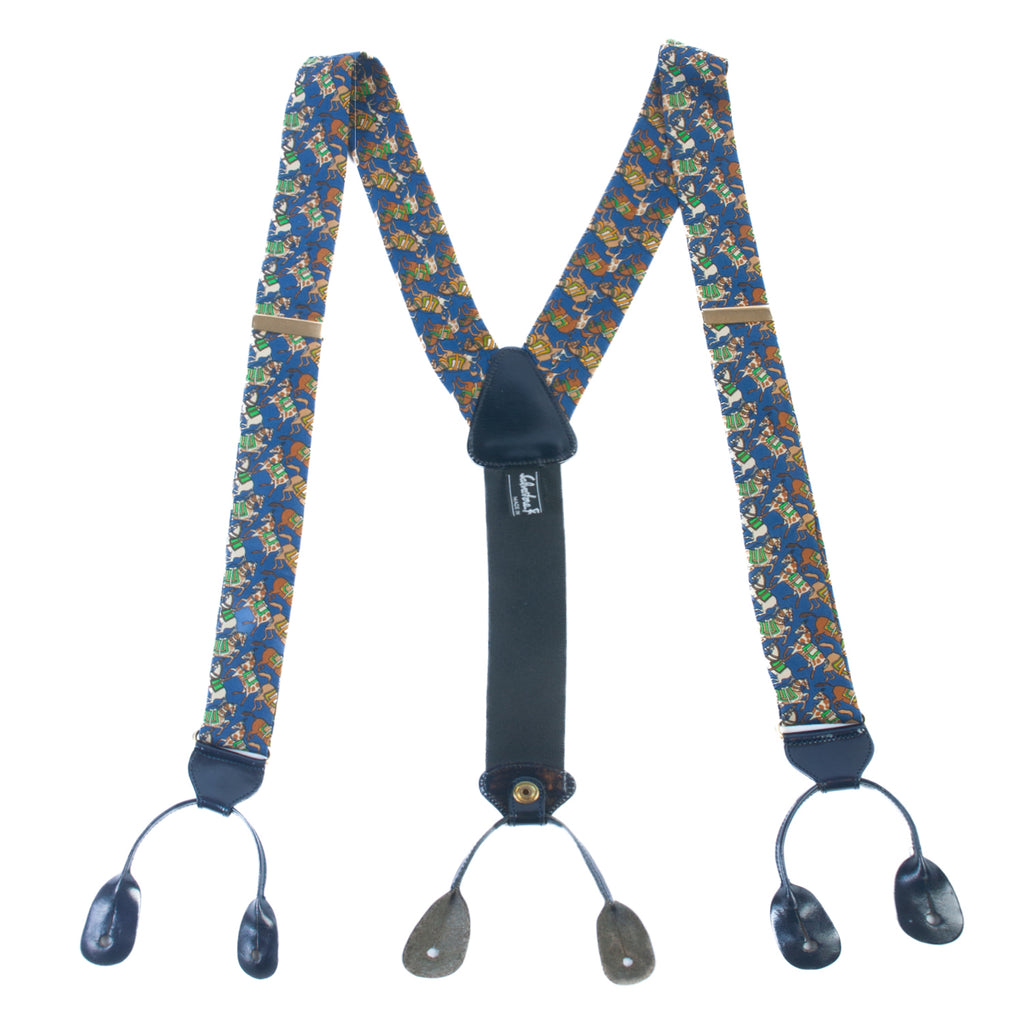 Salvatore Ferragamo Navy Blue Horse Print Suspenders