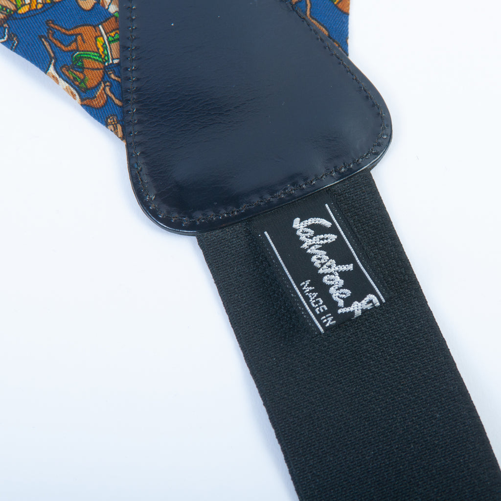 Salvatore Ferragamo Navy Blue Horse Print Suspenders