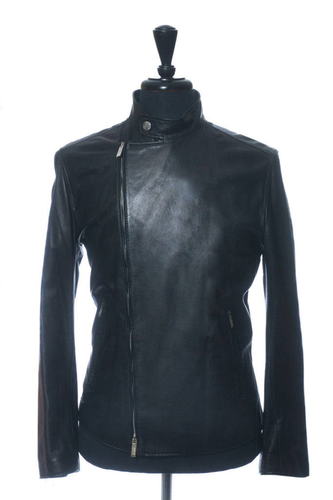 Armani Collezioni Black Lambskin Nappa Leather Motorcycle Jacket