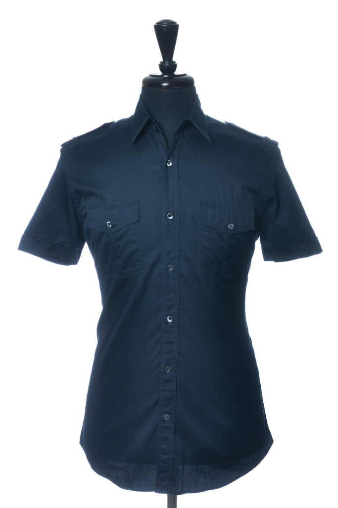 Gucci Navy Blue Fitted Military Short Sleeve Shirt