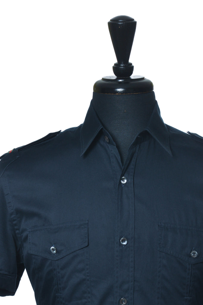 Gucci Navy Blue Fitted Military Short Sleeve Shirt