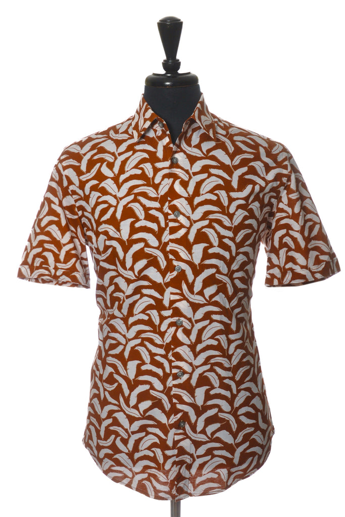 Hugo Boss Brown Leaf Print Luka_F Short Sleeve Shirt
