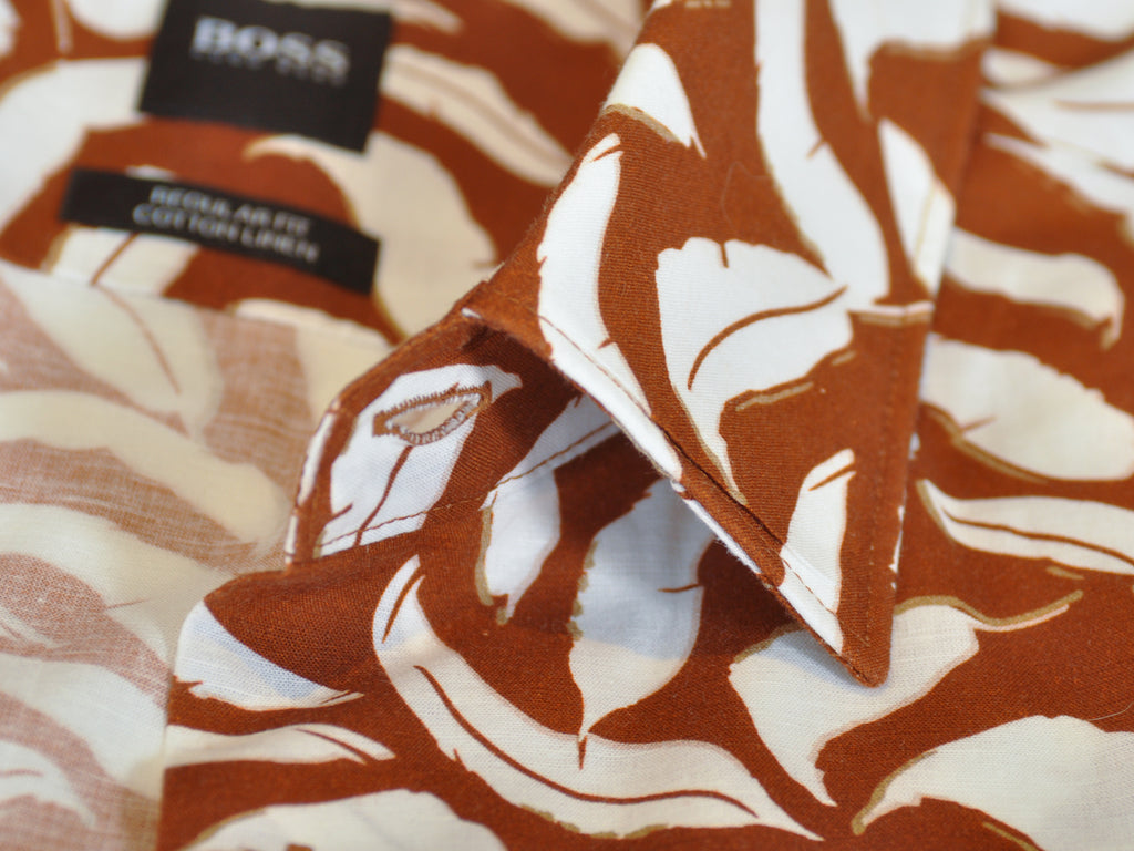 Hugo Boss Brown Leaf Print Luka_F Short Sleeve Shirt