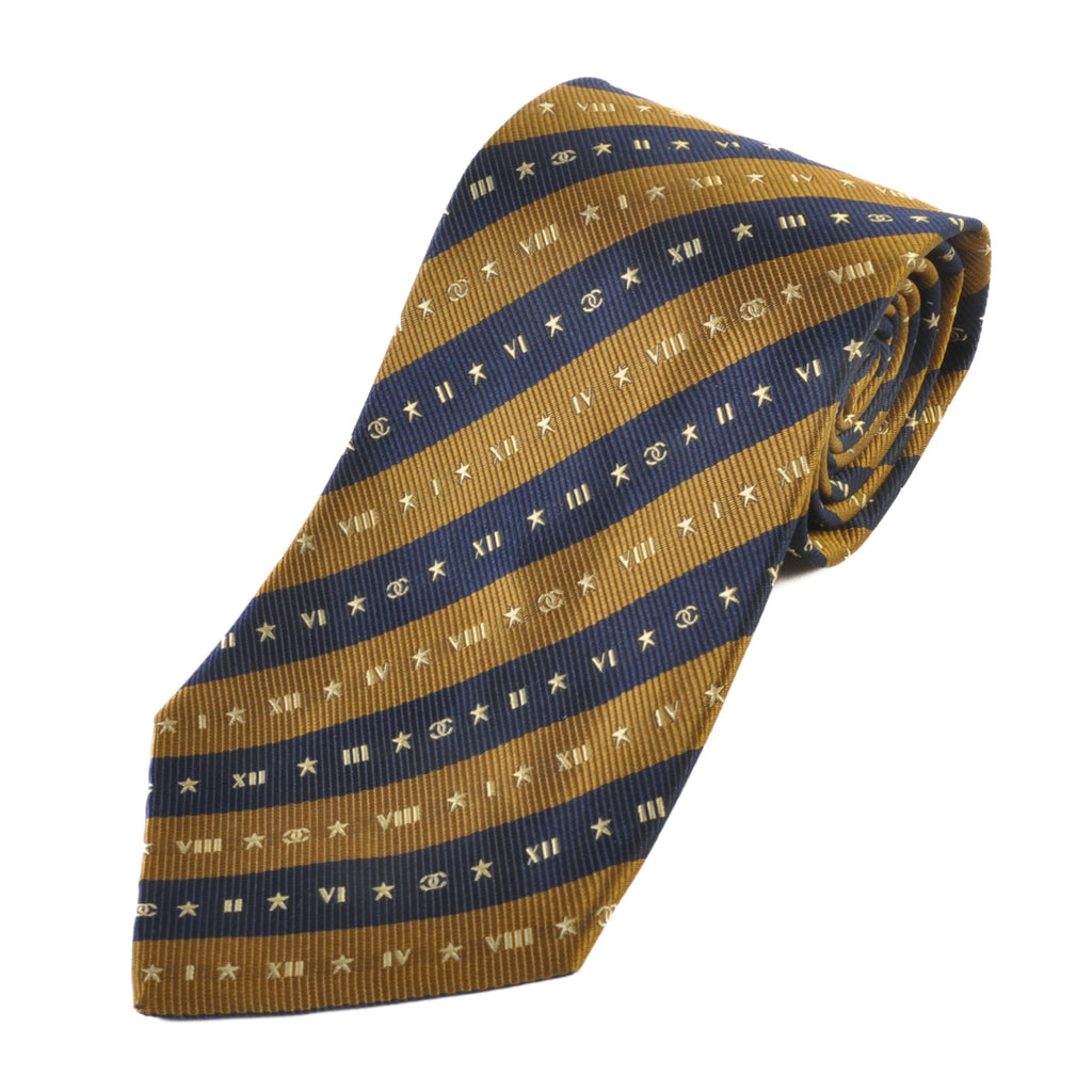 Chanel Paris Gold and Navy Blue Striped Tie