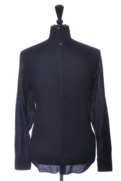 Zegna Black Linen Mandarin Collar Shirt