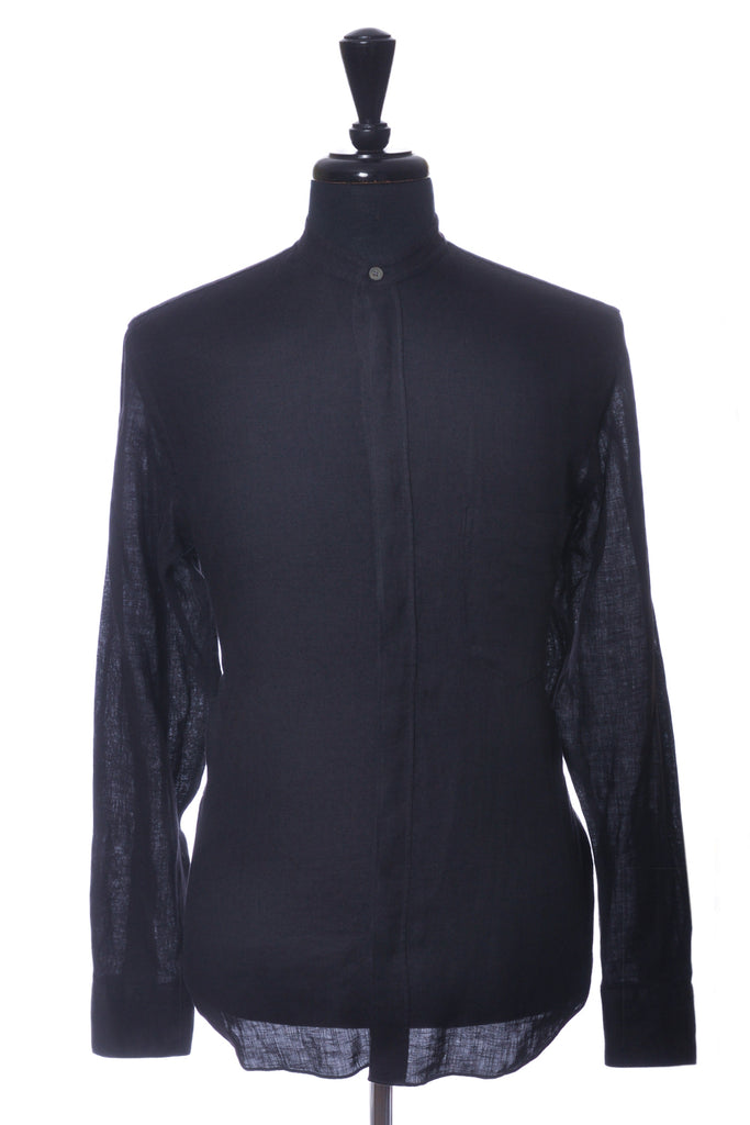 Zegna Black Linen Mandarin Collar Shirt