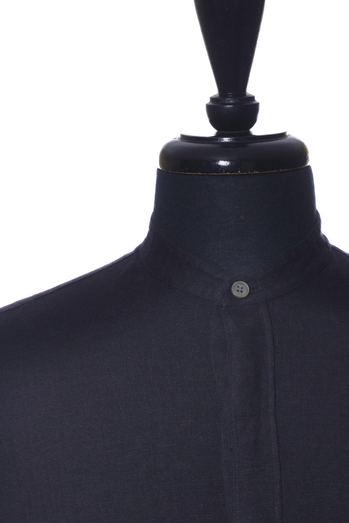 Zegna Black Linen Mandarin Collar Shirt