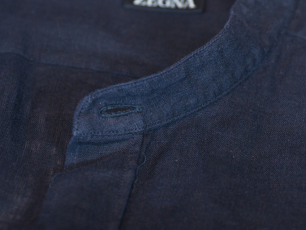 Zegna Black Linen Mandarin Collar Shirt