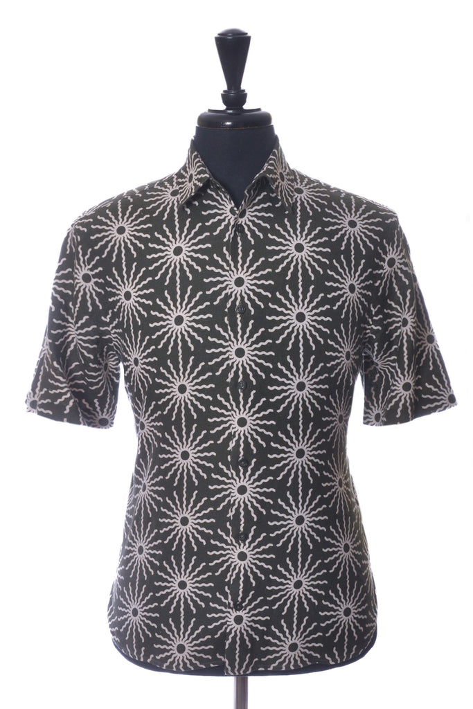 Frescobol Carioca Green Print Linen Blend Short Sleeve Shirt