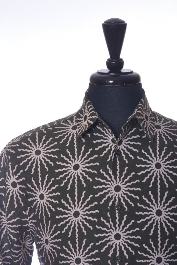 Frescobol Carioca Green Print Linen Blend Short Sleeve Shirt