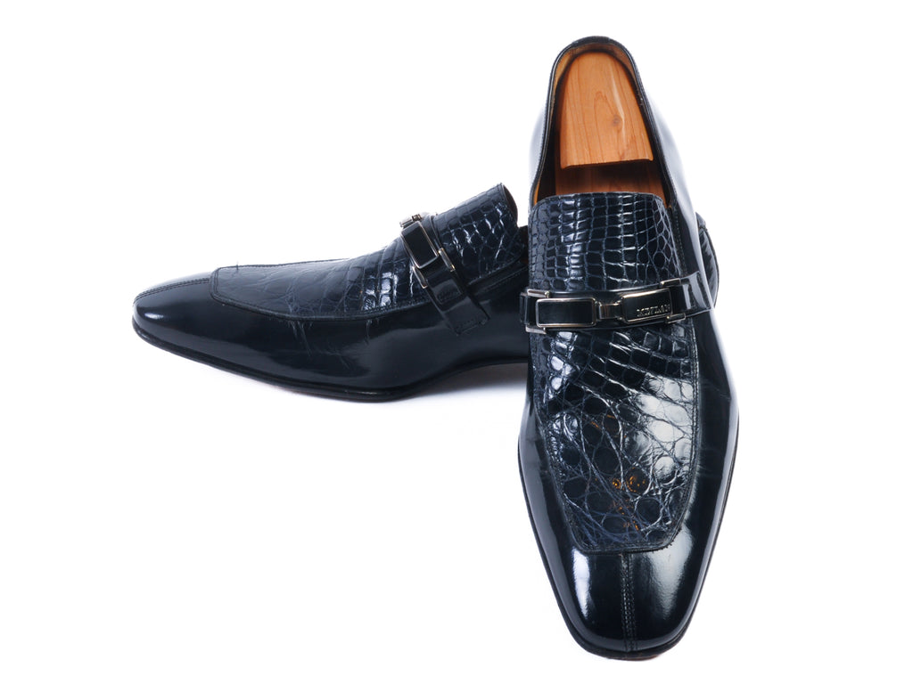 Mezlan Navy Blue Crocodile Slip-Ons