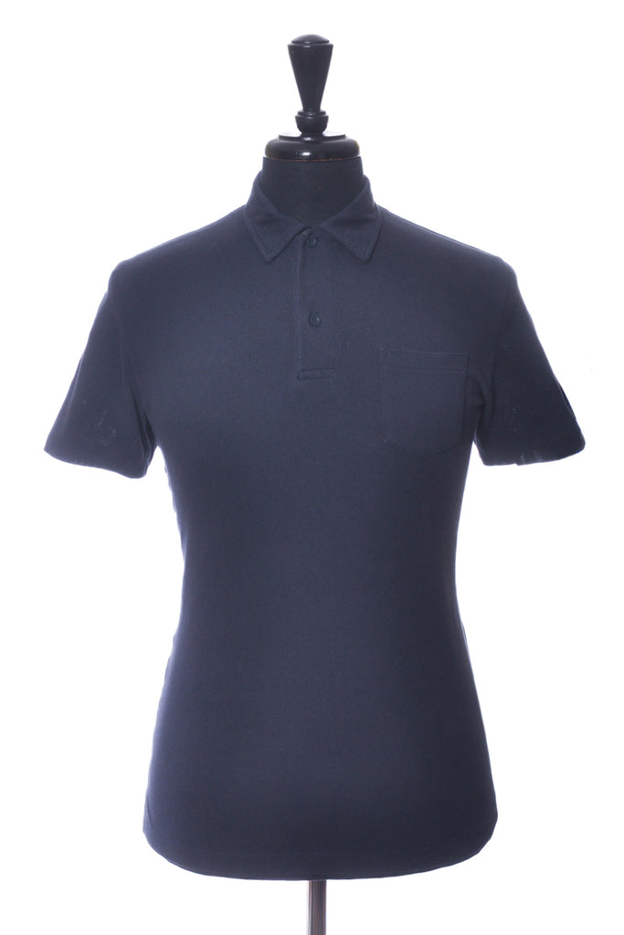 Sunspel Navy Blue Washed Pique Polo Shirt
