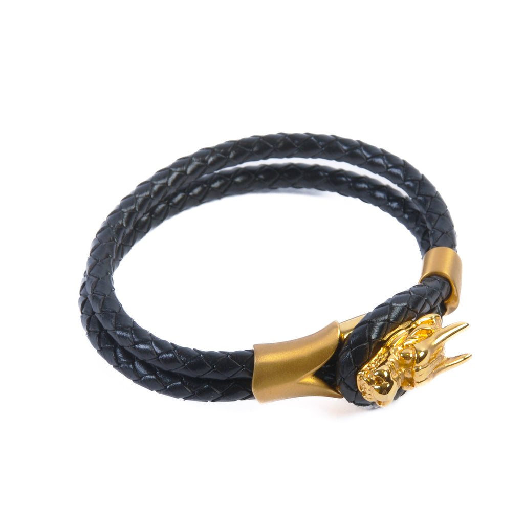 Gold and Black Leather Dragon Bracelet