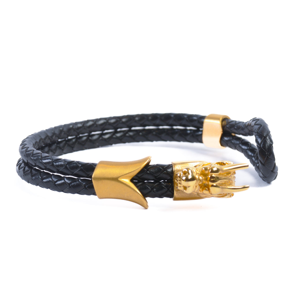 Gold and Black Leather Dragon Bracelet