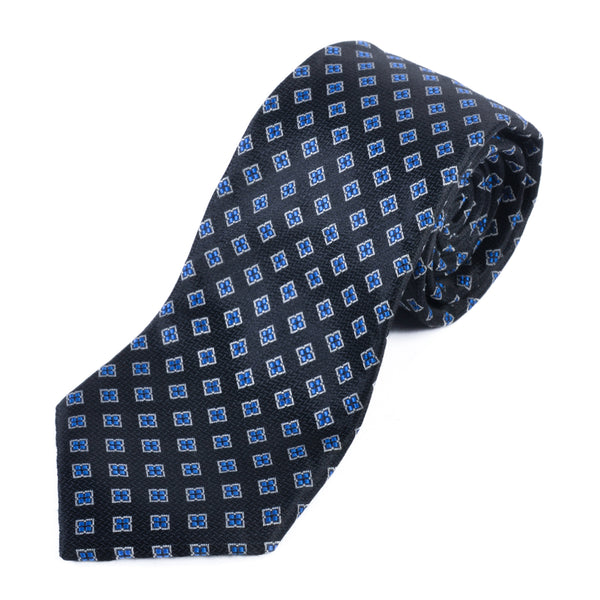 Ermenegildo Zegna Blue on Black Floral Geometric Silk Tie