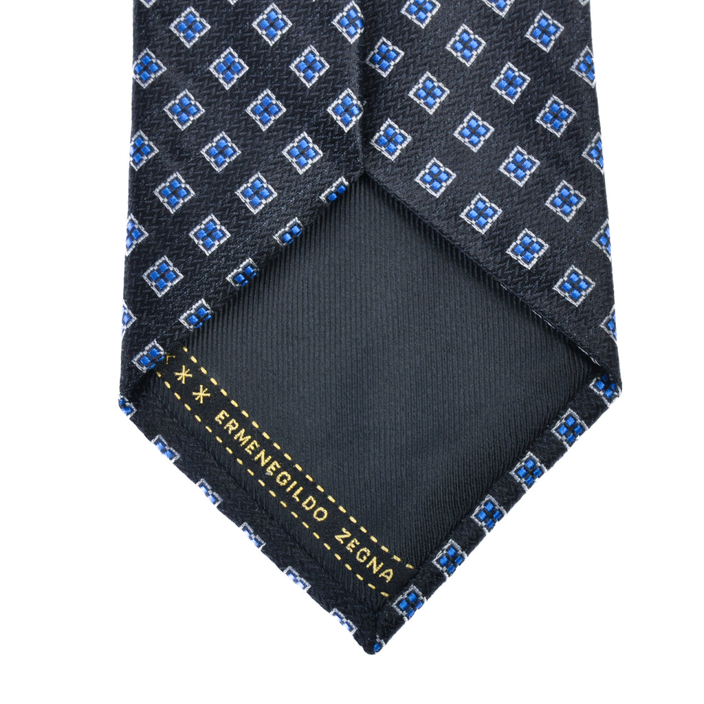 Ermenegildo Zegna Blue on Black Floral Geometric Silk Tie