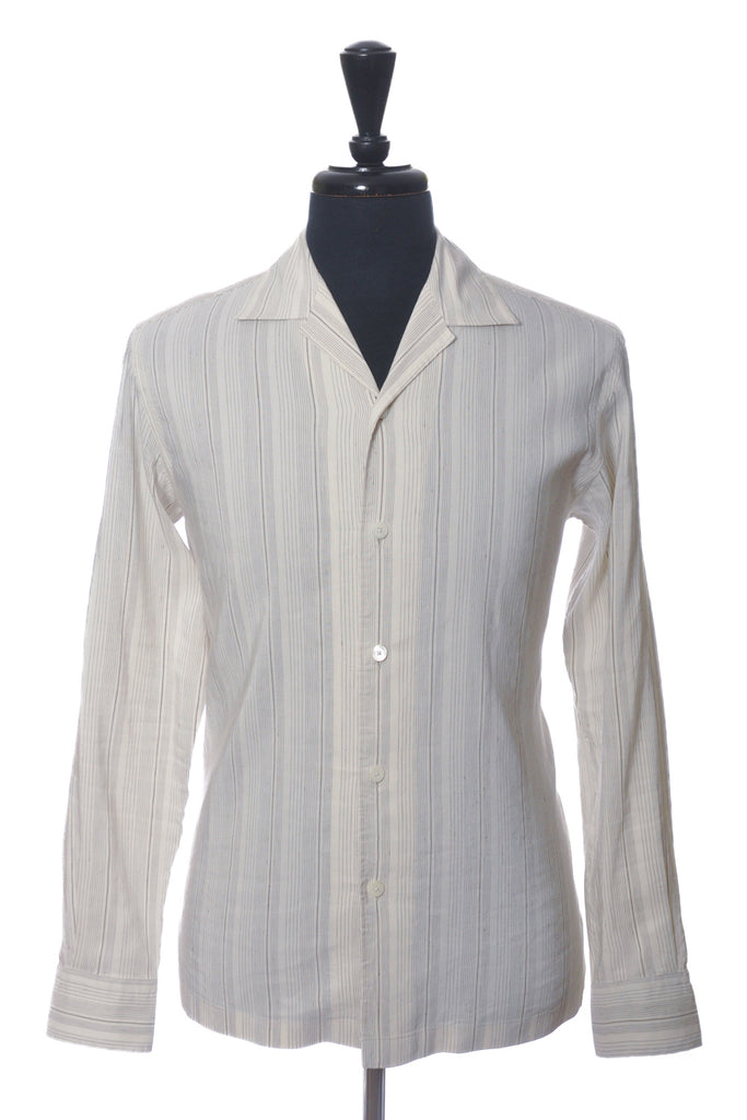 Zegna Grey on Ivory Striped Camp Collar Shirt