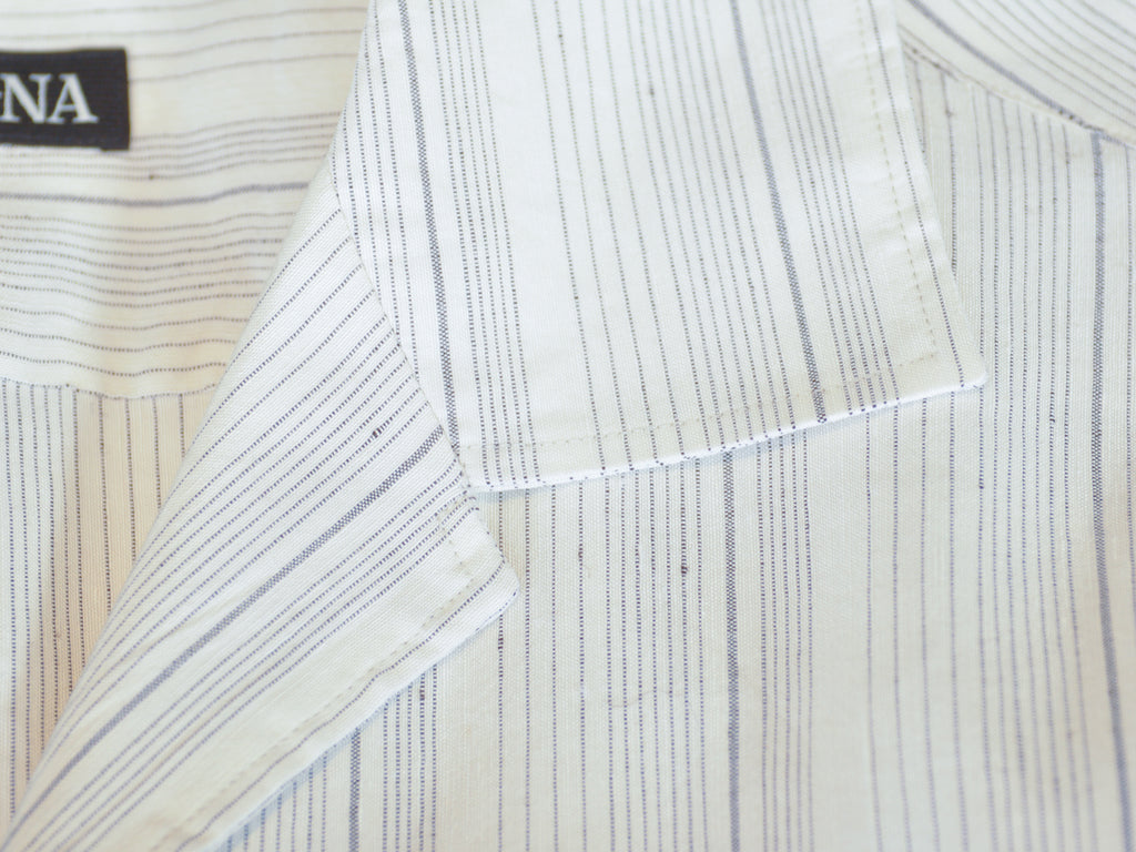 Zegna Grey on Ivory Striped Camp Collar Shirt