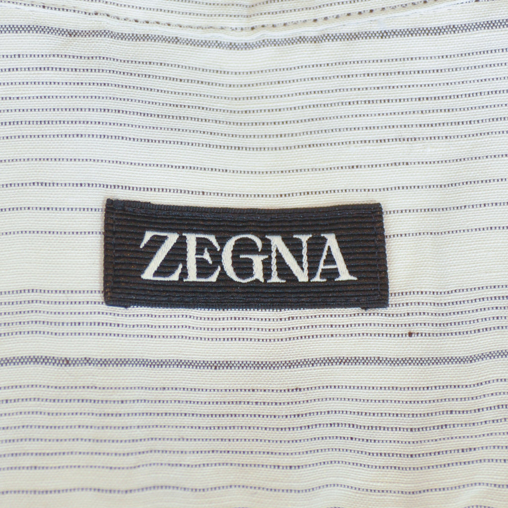Zegna Grey on Ivory Striped Camp Collar Shirt