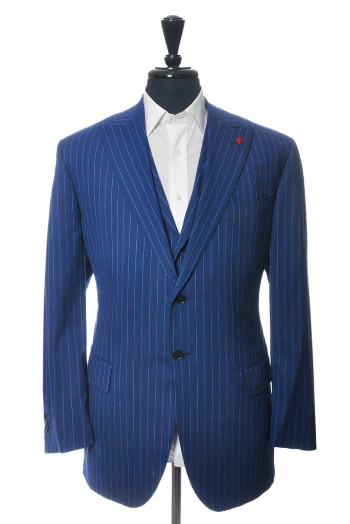 Isaia Blue Pinstriped Base Sanita Three Piece Suit