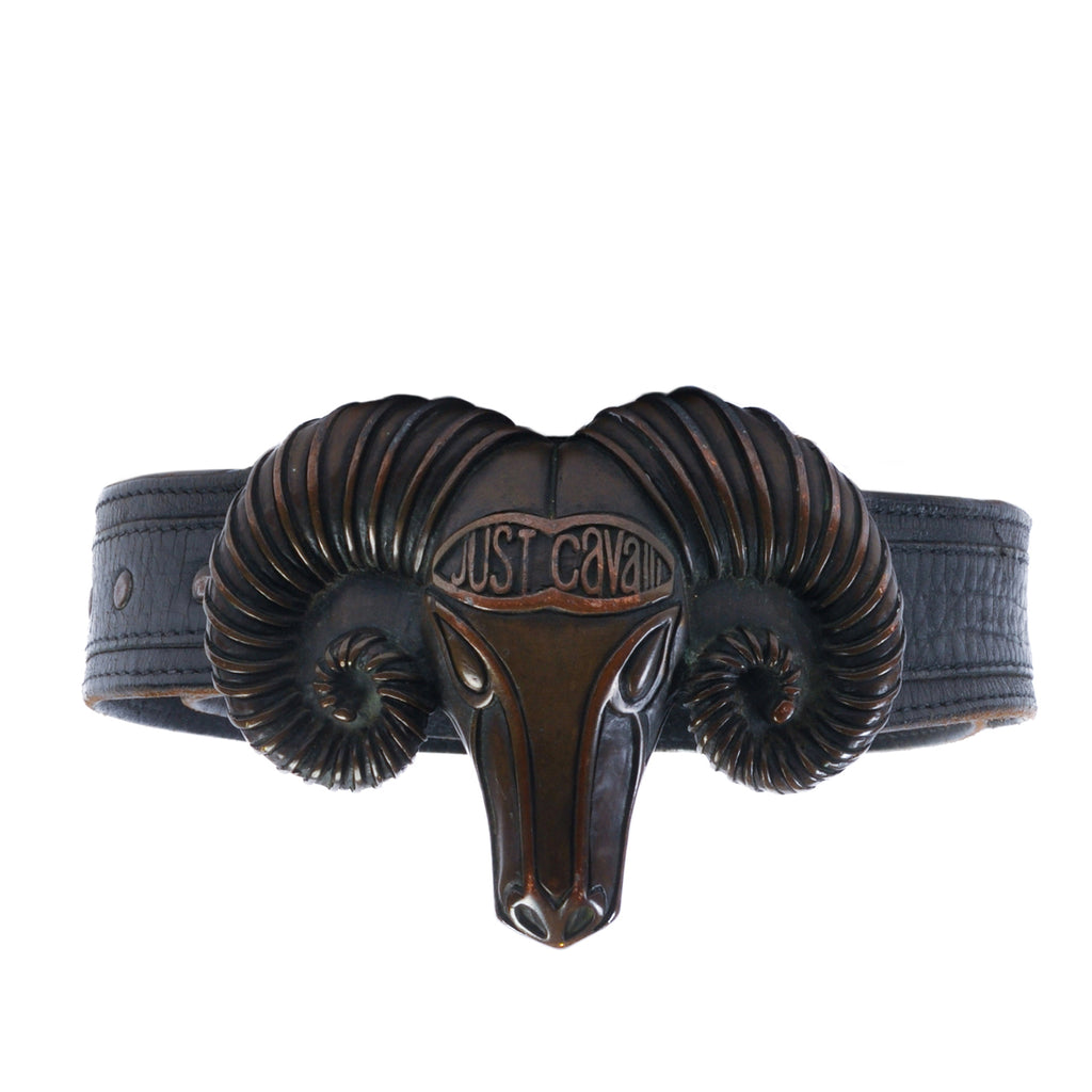 Just Cavalli Black Ram Head Buckle Belt