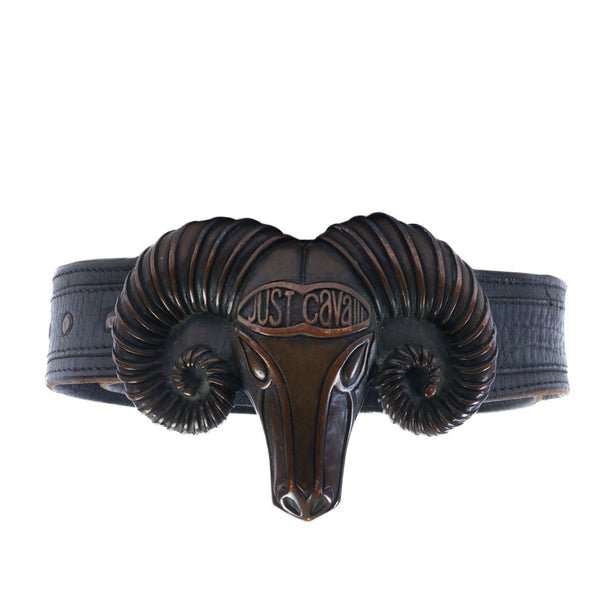 Just Cavalli Black Ram Head Buckle Belt