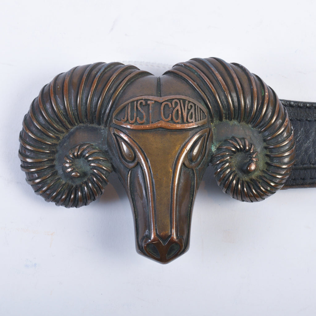 Just Cavalli Black Ram Head Buckle Belt