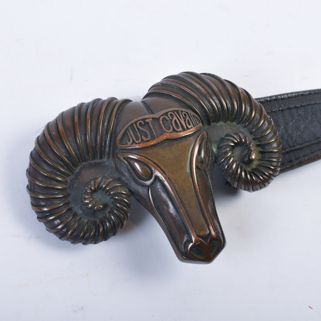 Just Cavalli Black Ram Head Buckle Belt