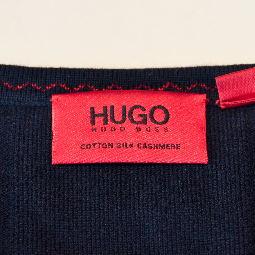 Hugo Boss Navy Blue Cotton Silk Cashmere San Jose V-Neck Sweater