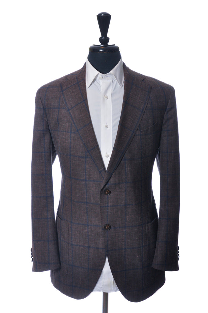 Luigi Bianchi Brown Windowpane Silk Linen Blazer