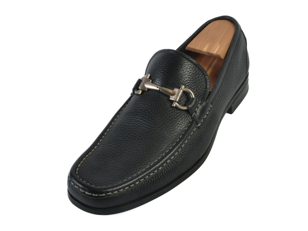 Salvatore Ferragamo Pebbled Black Leather Horsebit Loafers