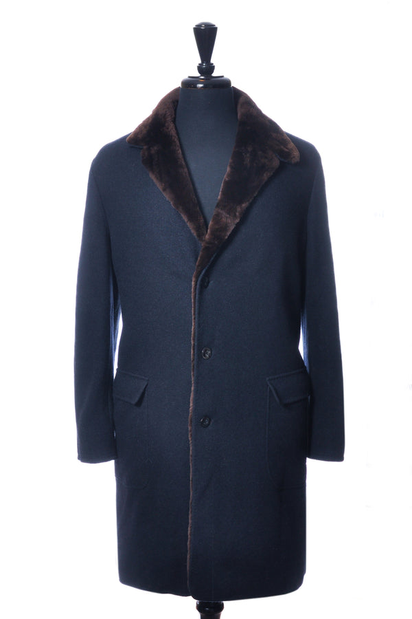 Loro Piana Dark Blue Jersey Novalis Nutria Fur Lined Coat