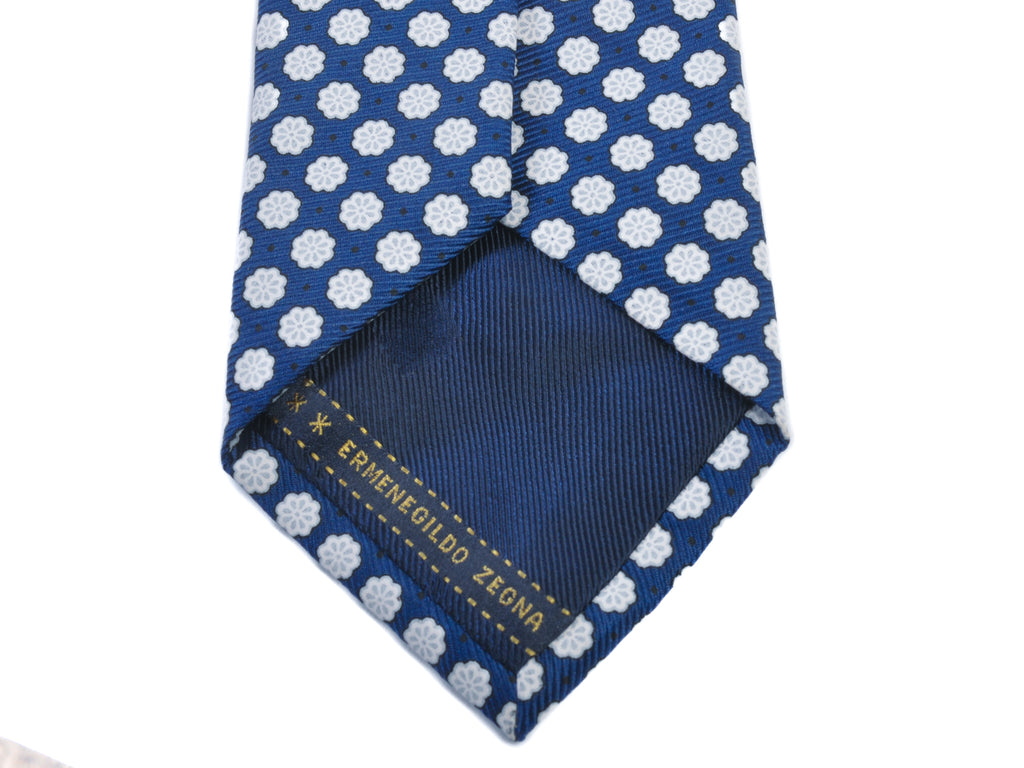 Ermenegildo Zegna White on Navy Floral Patterned Silk Tie