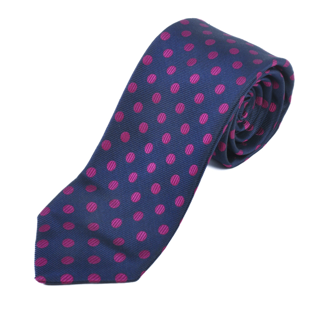 Sam Abouhassan Fuschia on Navy Blue Polka Dot Silk Tie